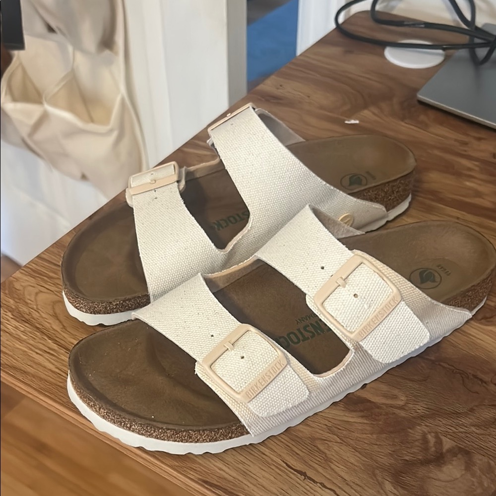 Birkenstock Cream Canvas Sandals with Adjustable Straps